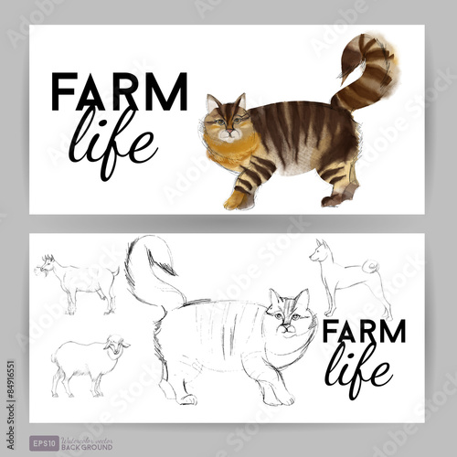 Farm animals. Watercolor vector illustration of cat Flyer © tatiana_davidova
