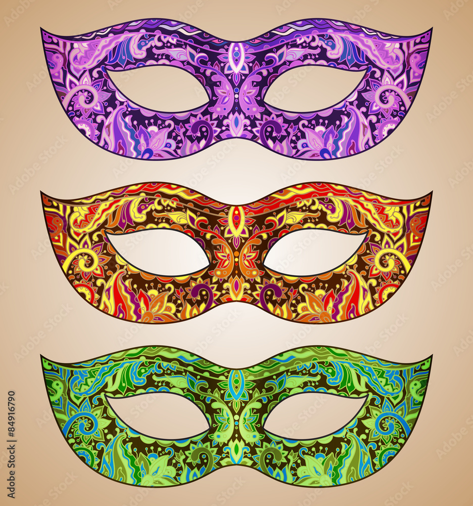 Set of three vector ornate floral Venetian carnival masks