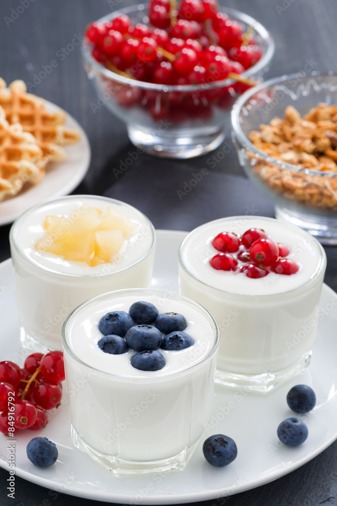 assortment natural yogurt with fresh berries and waffles assortment natural yogurt with fresh berries and waffles