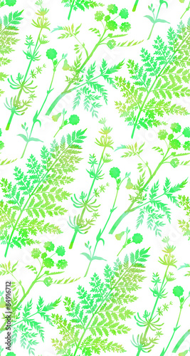 Seamless vector pattern of watercolor herbs and flowers