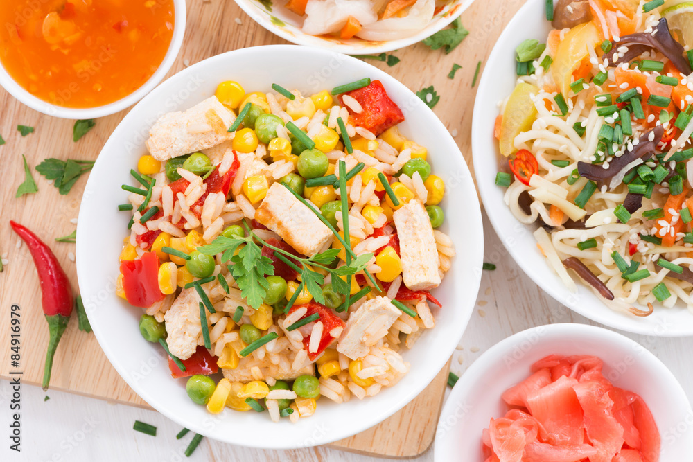 fried rice with tofu, noodles with vegetables and herbs fried rice with tofu, noodles with vegetables and herbs