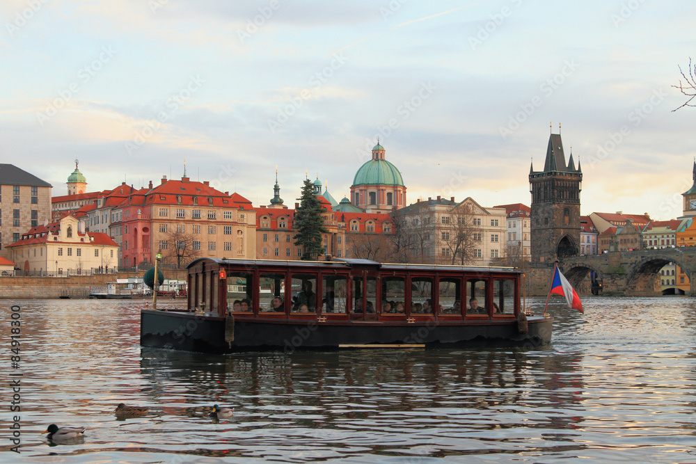 Walking boat on Vltava River. Prague, Czech Republic