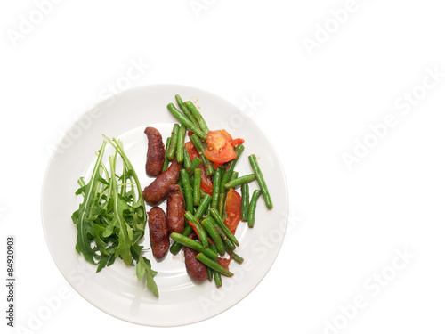 fried merguez sausages with green beans, tomatoes and fresh rocket