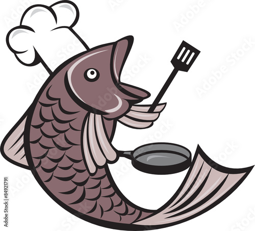 Fish Chef Cook Holding Spatula Frying Pan Cartoon