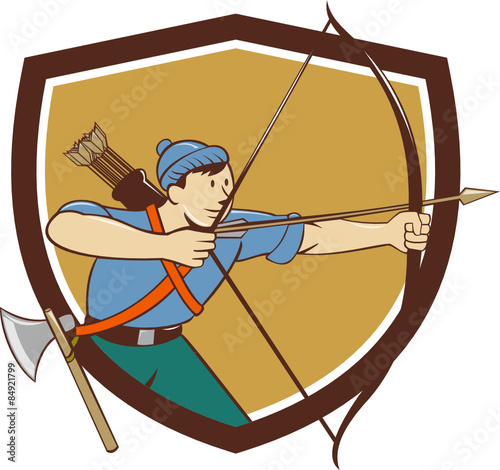 Archer Aiming Long Bow Arrow Cartoon Crest