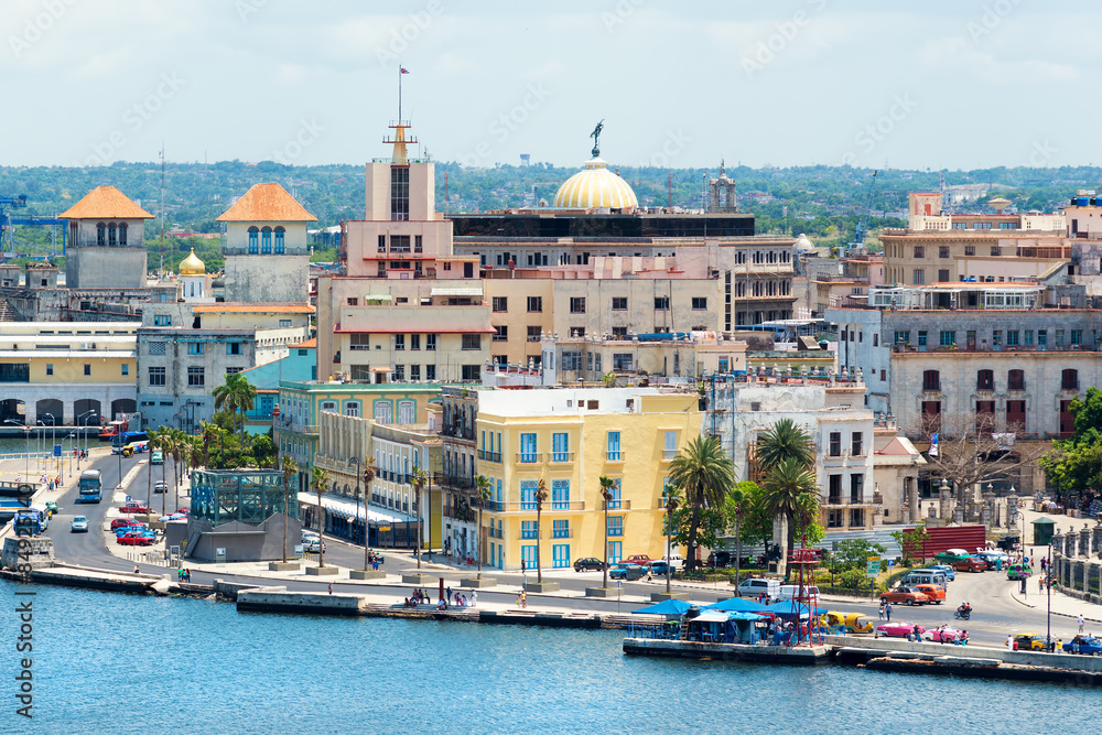 Old Havana with beautiful old buildings along the bay