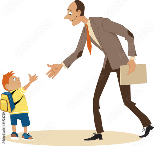 Little boy going to school and meeting a new teacher