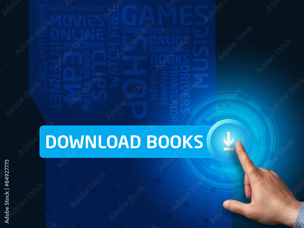 Download books.Businessman presses a button on the virtual scree Download books.Businessman presses a button on the virtual scree