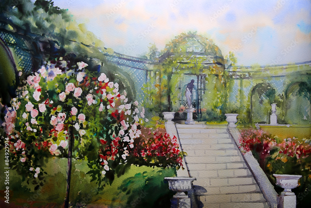 Fototapeta premium Watercolor painting landscape with blooming spring tree in rosary