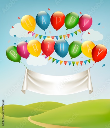 Happy birthday banner with balloons and landscape. Vector. Vecto