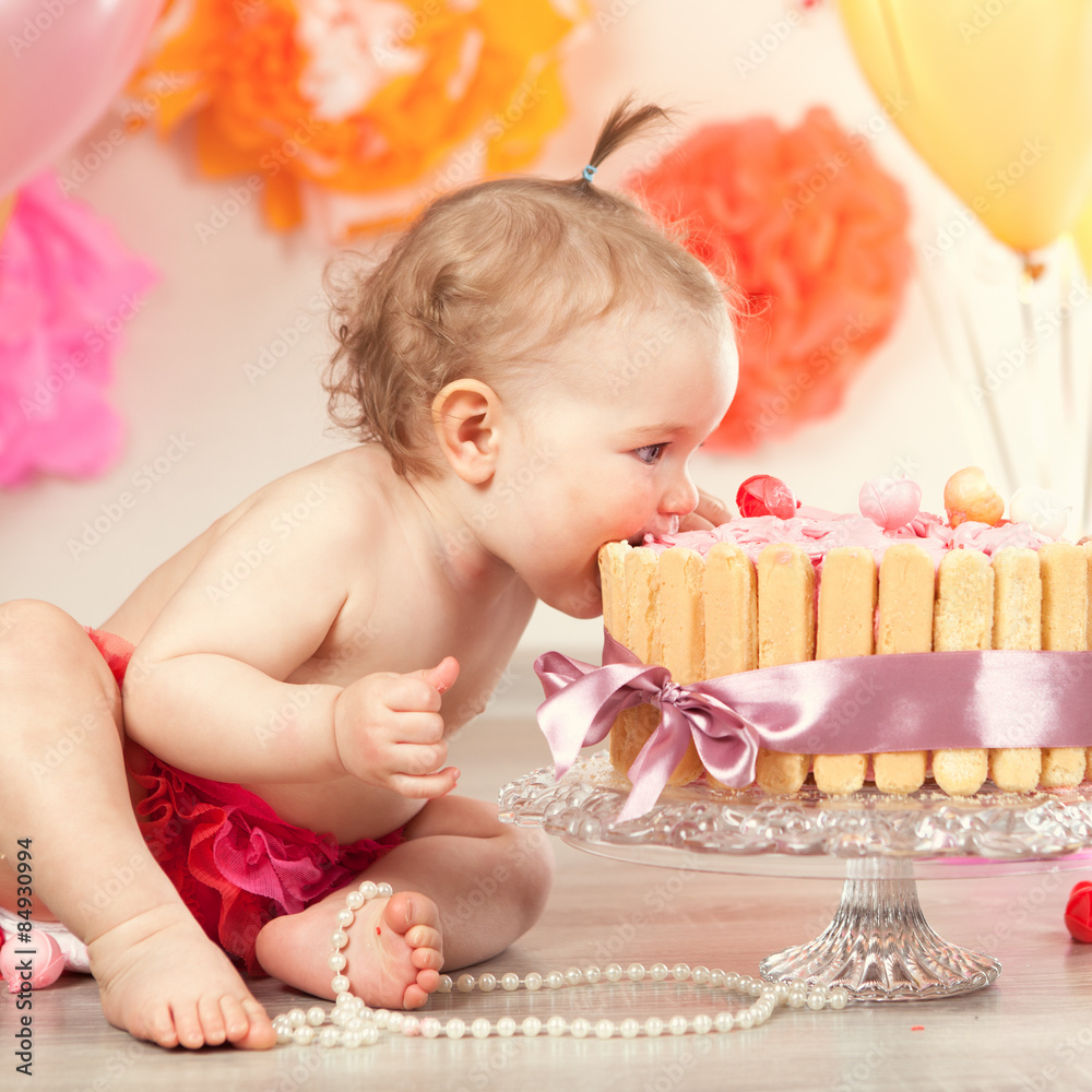 cute baby girl celebrates birthday one year. cute baby girl celebrates birthday one year.