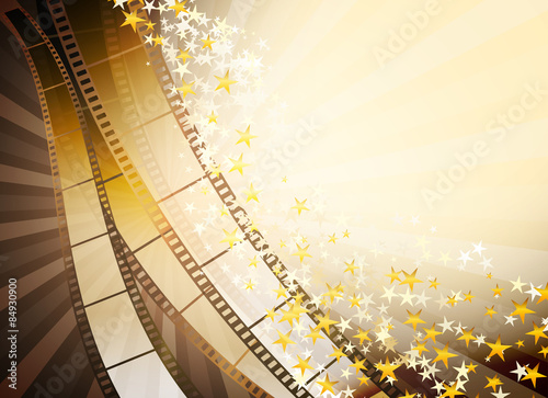 background with retro filmstrip and golden stars