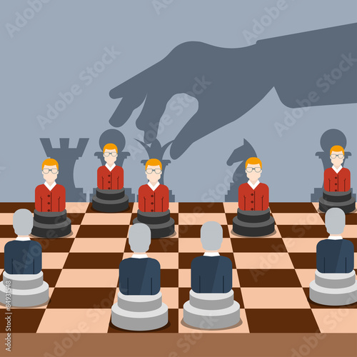 Business man moving chess figure with team behind