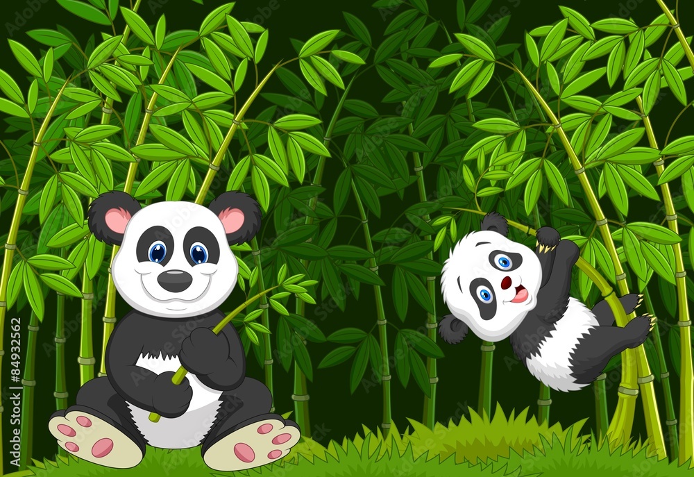 Obraz premium Cartoon mom and baby panda in the climbing bamboo tree
