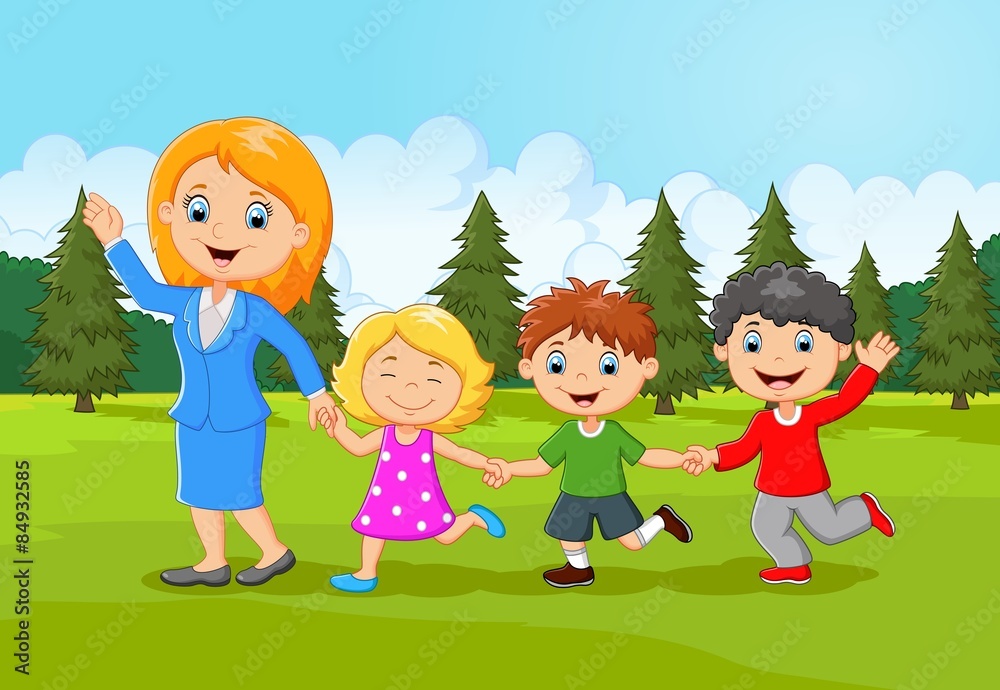 Cartoon happy family in the forest