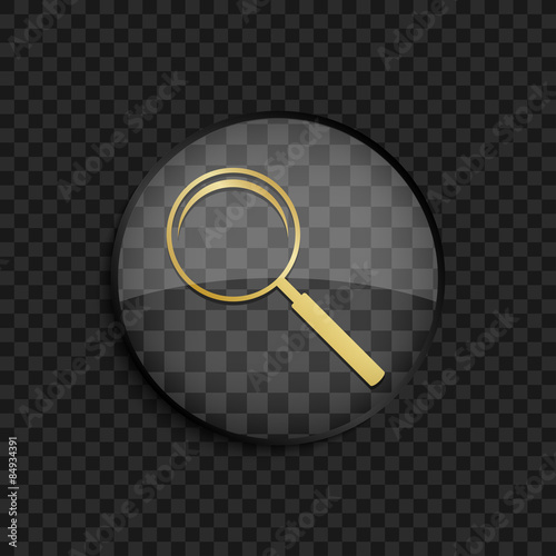 Black badge with gold magnifying glass silhouette on square background
