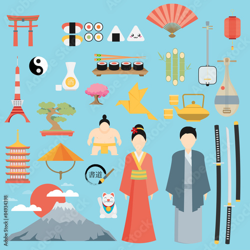 Flat Japan icons and symbols set. Illustration on Japanese theme