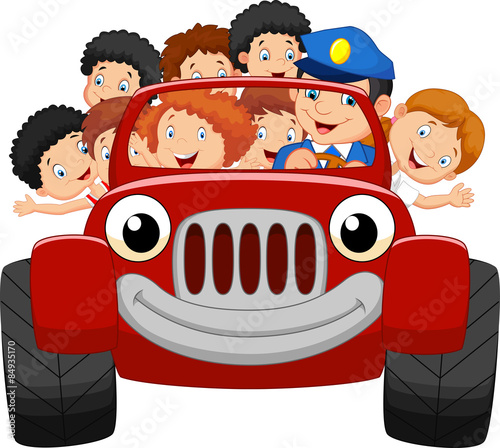 Cartoon little kid happy with red car