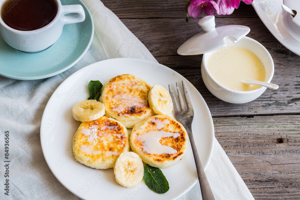 curd cheese pancakes with banana, condensed milk and fresh mint, curd cheese pancakes with banana, condensed milk and fresh mint,