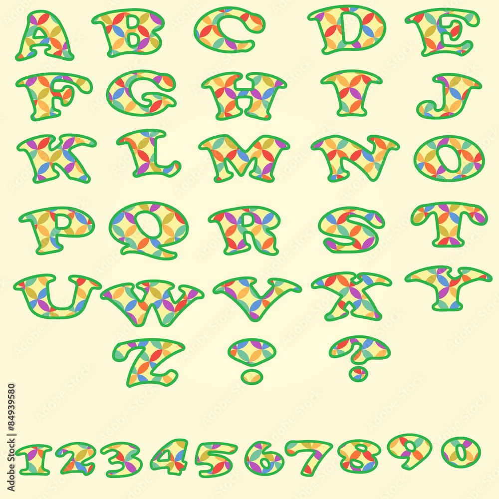 Set of colorful alphabet and numbers.