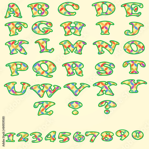 Set of colorful alphabet and numbers.