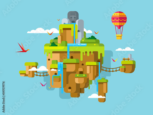 Imaginary Soaring Island on a Blue Sky Background