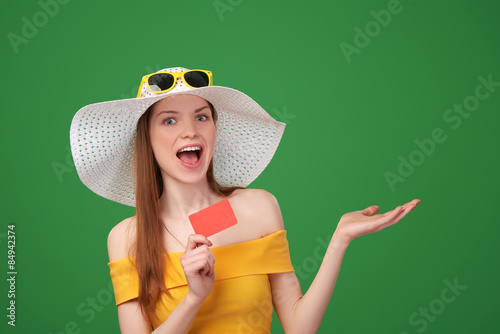 Summer girl ing blank credit card