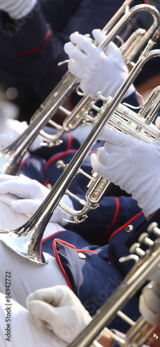 Trumpet players in the band during a performance
