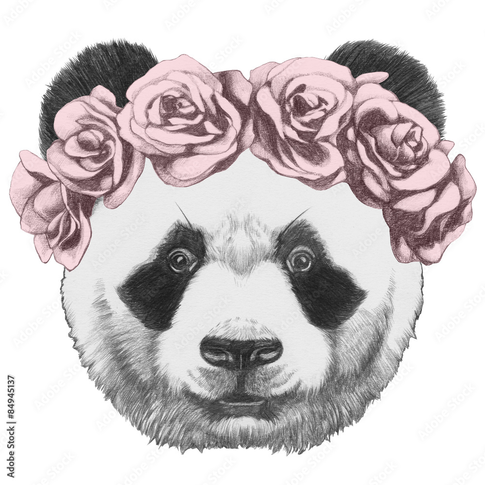 Fototapeta premium Original drawing of Panda with roses. Isolated on white background