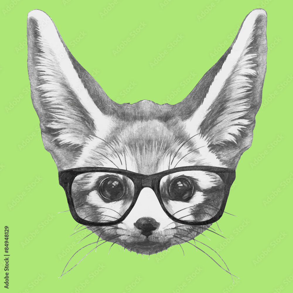 Obraz premium Hand drawn portrait of Fennec Fox with glasses. Vector isolated elements.
