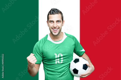 Mexican fan celebrates on Mexican flag background