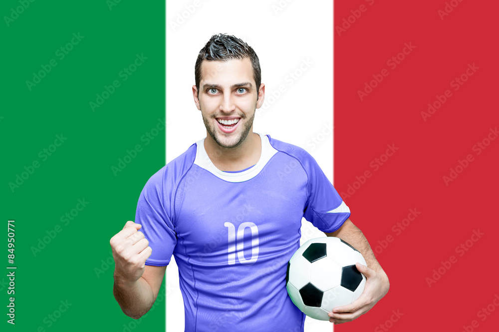 Italian fan celebrates on Italy flag background Italian fan celebrates on Italy flag background