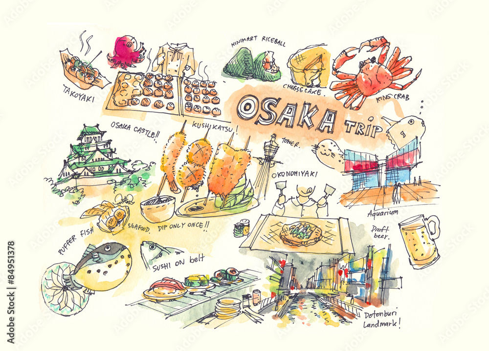 Osaka Japan drawing illustration of landmark and must do items