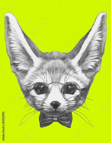 Original drawing of Fennec Fox with glasses and bow tie. Isolated on colored background