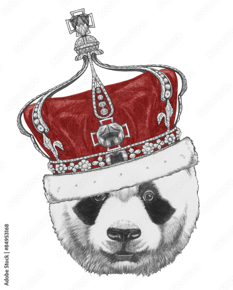Fototapeta premium Original drawing of Panda with crown. Isolated on white background