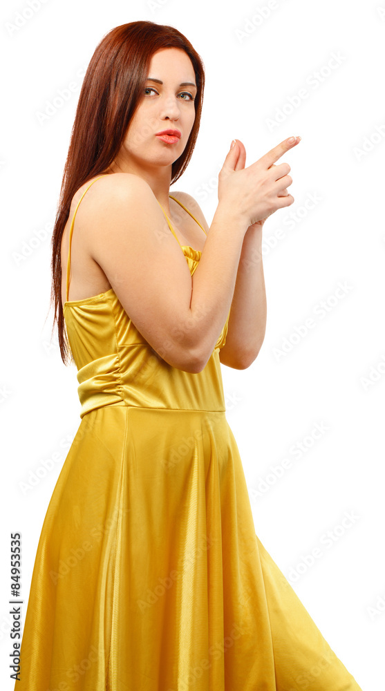 Young woman in yellow dress point finger showing something to si Young woman in yellow dress point finger showing something to si