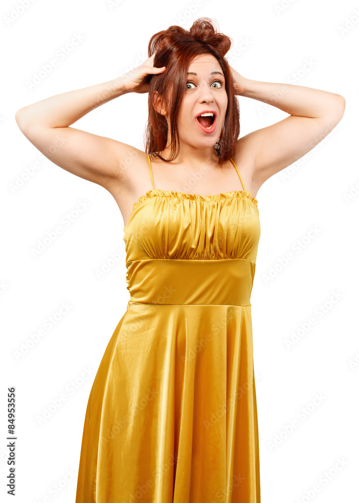 Portrait of shocked beautiful woman with opened mouth looking Portrait of shocked beautiful woman with opened mouth looking
