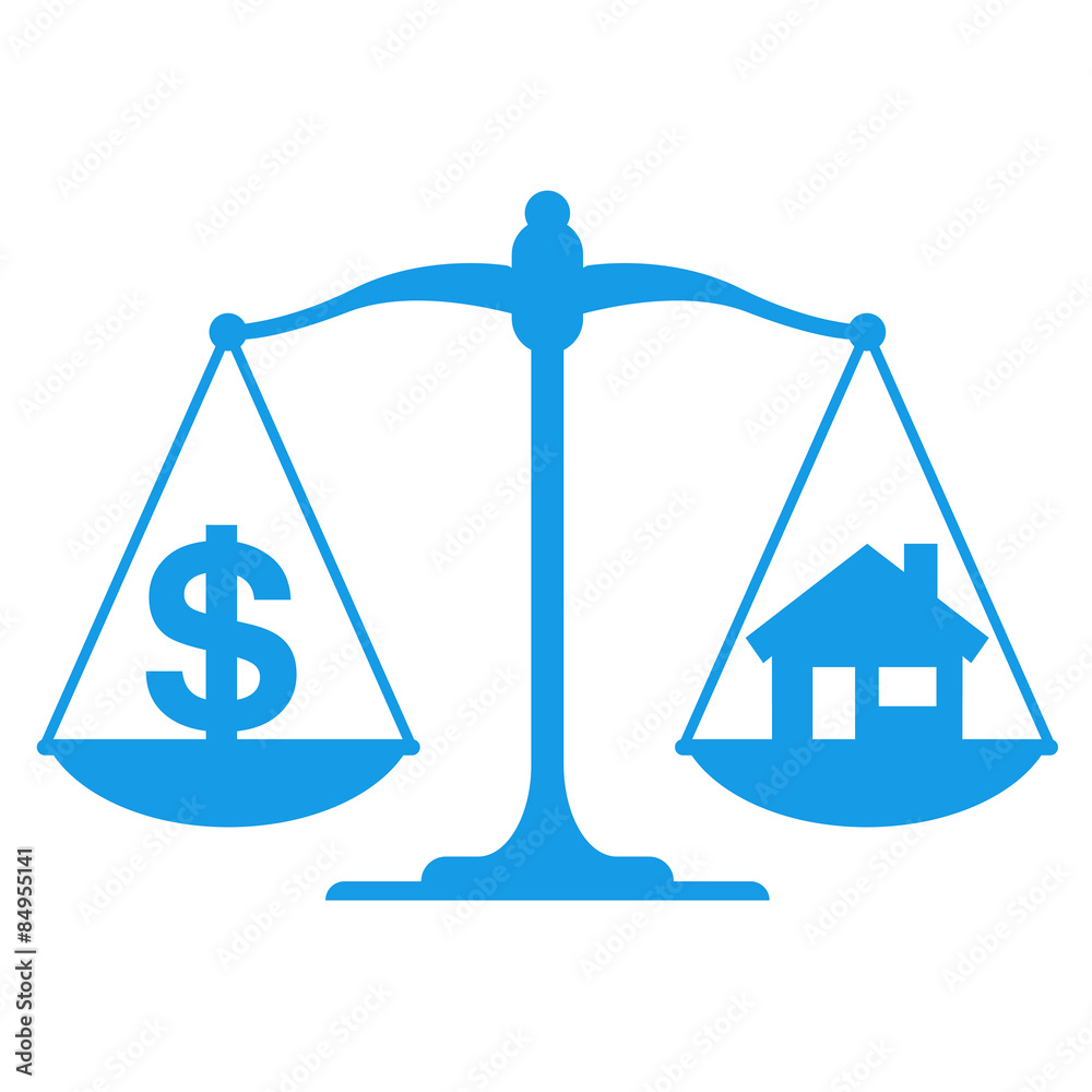 Icono balanza con simbolo casa dolar azul Icono balanza con simbolo casa dolar azul