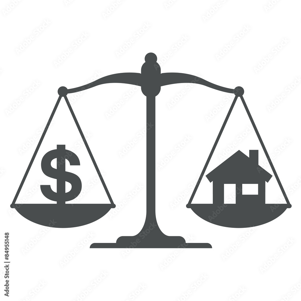 Icono balanza con simbolo casa dolar gris Icono balanza con simbolo casa dolar gris