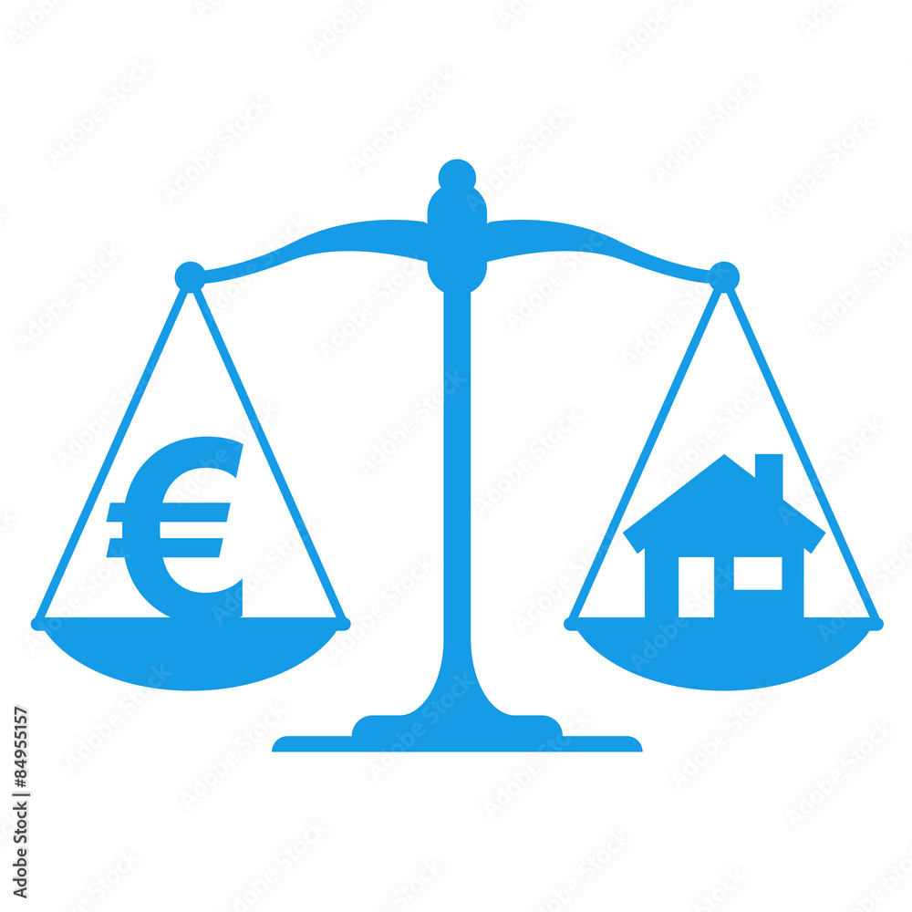 Icono balanza con simbolo casa euro azul Icono balanza con simbolo casa euro azul