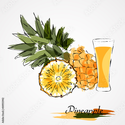 Hand drawn pineapple ripe fruit slice and juice on light background