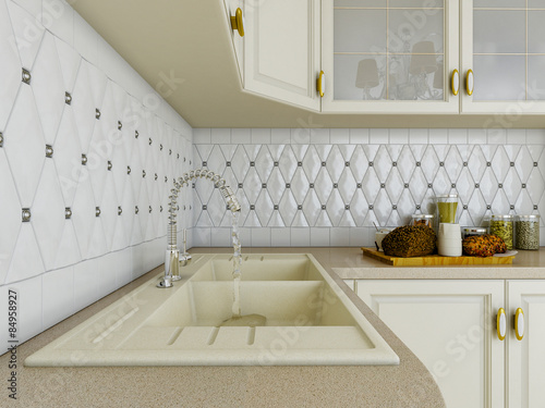 3D illustration of white kitchen in classical style