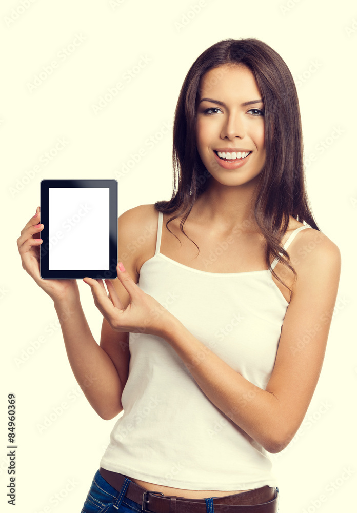 Young woman showing blank no-name tablet pc monitor Young woman showing blank no-name tablet pc monitor