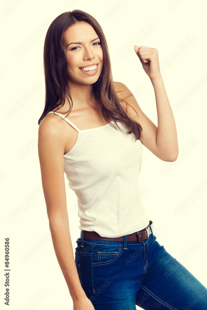 Gesturing cheerful smiling young woman Gesturing cheerful smiling young woman