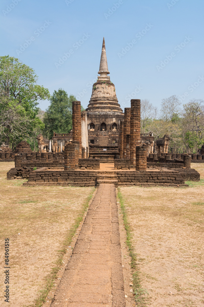 Ancient circular pagoda of old temple  in Srisatchanalai Histori