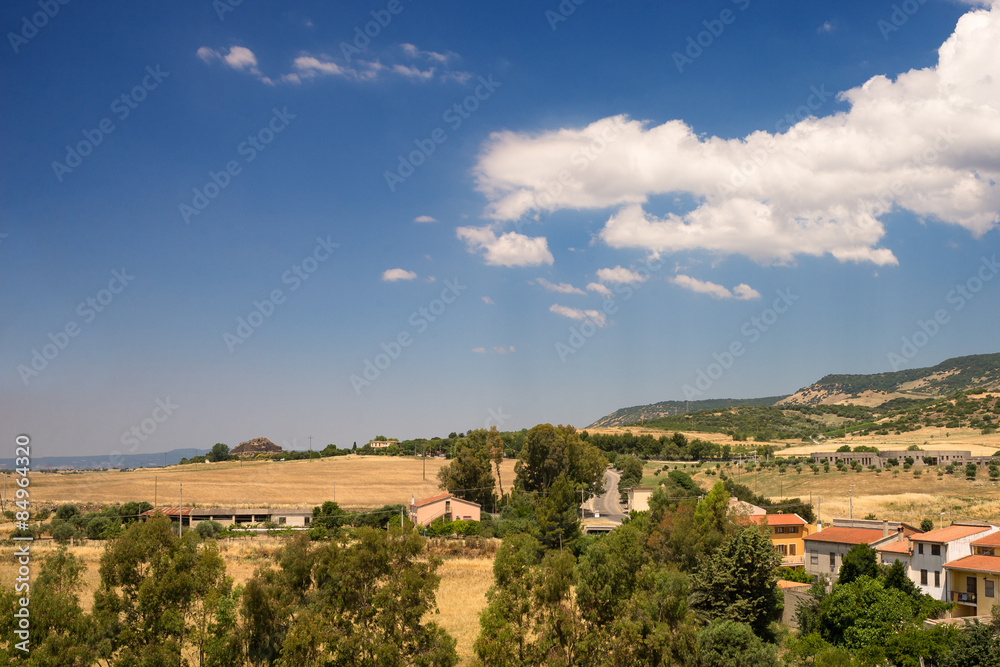Sardegna, Barumini, panorama del paese e nuraghe, Italia