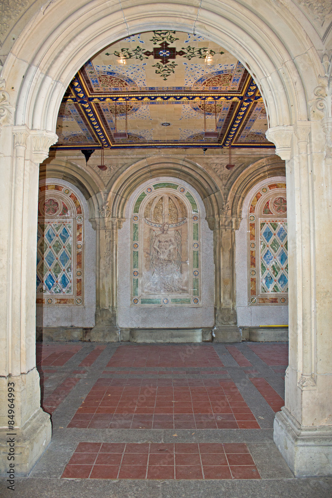 Arches and Painted Tiles - Concrete Archway in Front of Painted Ceramic Tiled Arches and Ceiling in Central Park, New York City