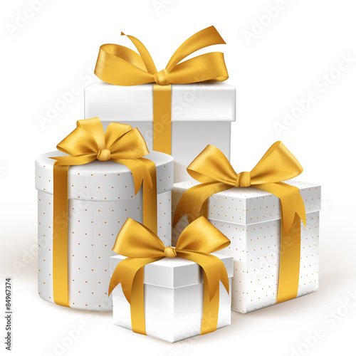 Realistic 3D White Gifts with Colorful Gold Ribbons Wrap