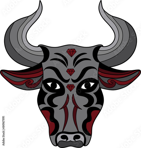 Vector illustration of a decorated grey bull's head