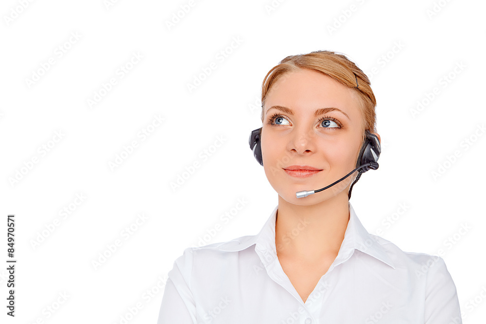 Support phone operator in headset, blonde girl, isolatedblond girl, isolated Support phone operator in headset, blonde girl, isolatedblond girl, isolated